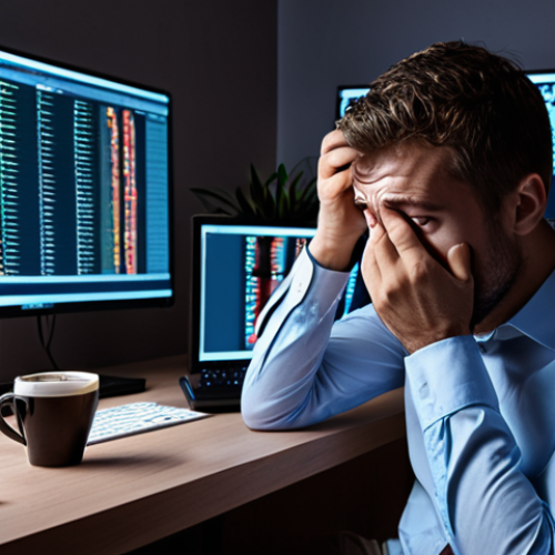 Home 4 **
A stressed cybersecurity professional surrounded by flashing alerts and code on multiple monitors, holding a cup of coffee with a weary expression. In the background, a partially visible clock shows 3:00 AM. Emphasize the feeling of being overwhelmed and the constant pressure of the job.
**