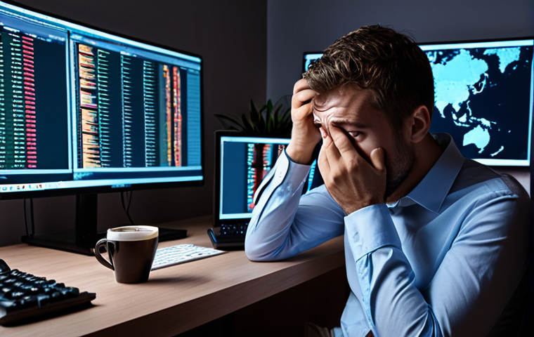 **

A stressed cybersecurity professional surrounded by flashing alerts and code on multiple monitors, holding a cup of coffee with a weary expression. In the background, a partially visible clock shows 3:00 AM. Emphasize the feeling of being overwhelmed and the constant pressure of the job.

**