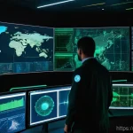 보안 관련 업계 뉴스 분석 및 트렌드 - **Prompt:** A futuristic, multi-level Security Operations Center (SOC) at night, bathed in the soft ...