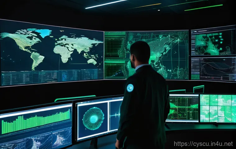 보안 관련 업계 뉴스 분석 및 트렌드 - **Prompt:** A futuristic, multi-level Security Operations Center (SOC) at night, bathed in the soft ...